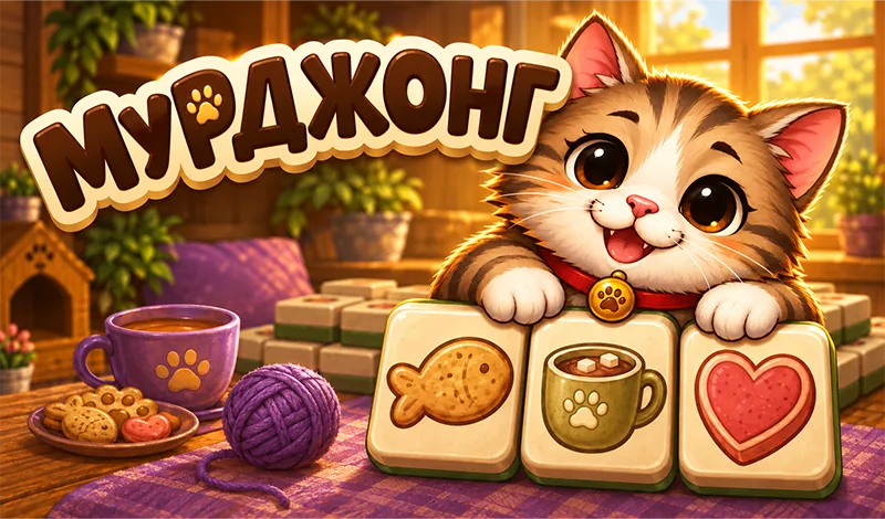 Purrjong: котёнок выглядывает из-за плиток маджонга