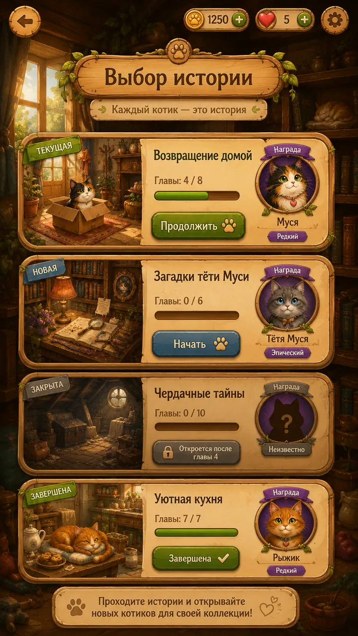 Экран выбора историй в Purrjong